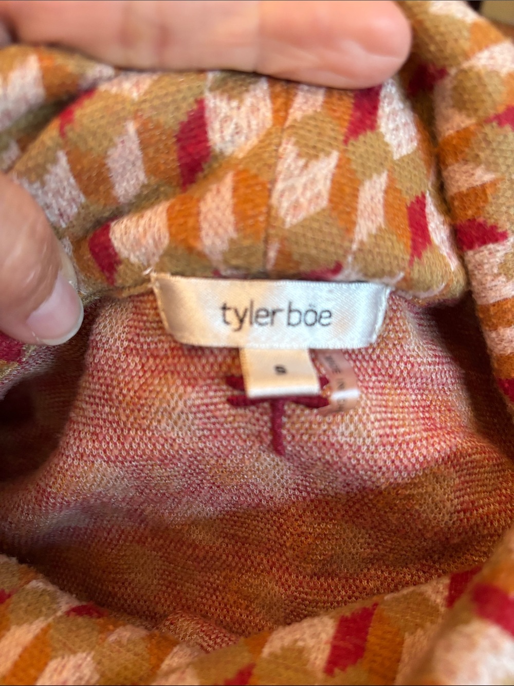 Tyler Boe Red and Tan Geo Cowl Neck Shift Dress with front pockets
